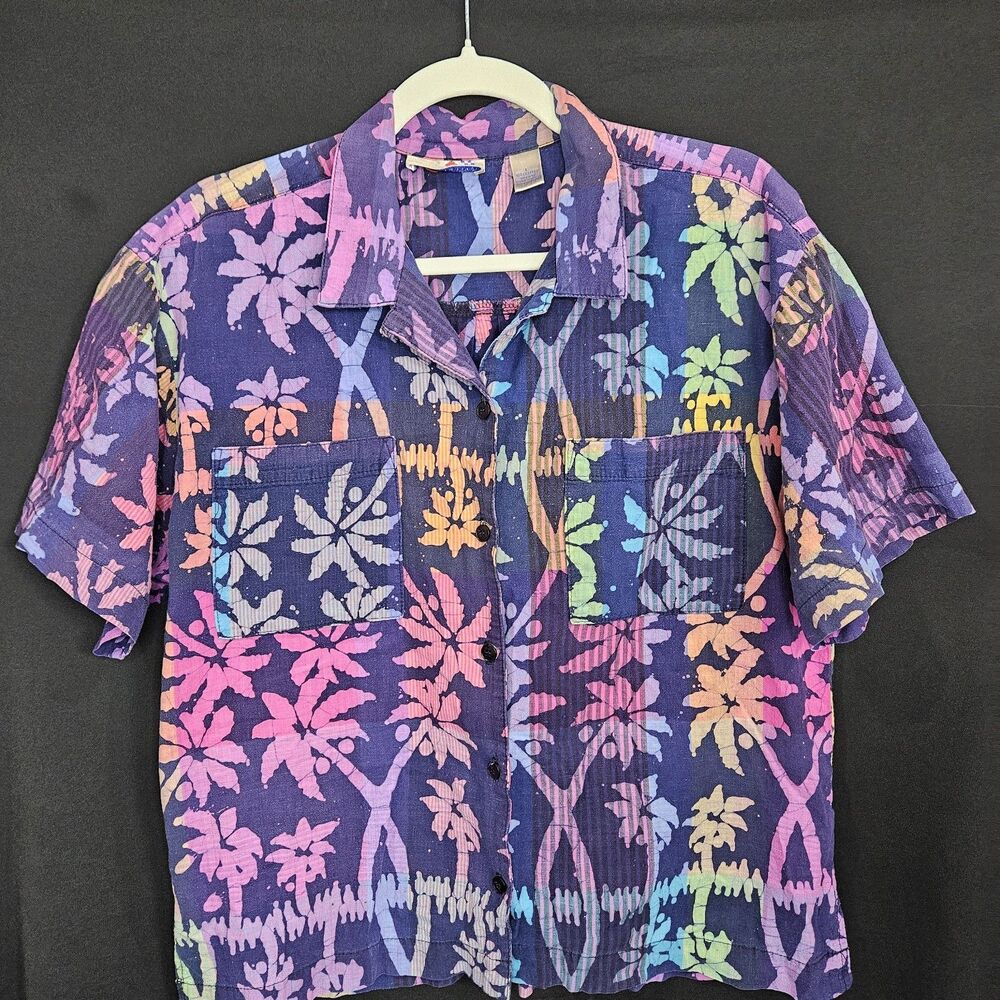 Vintage Women's Camp Tropical Resort Hawaiian Shirt Blue 100% Cotton USA L